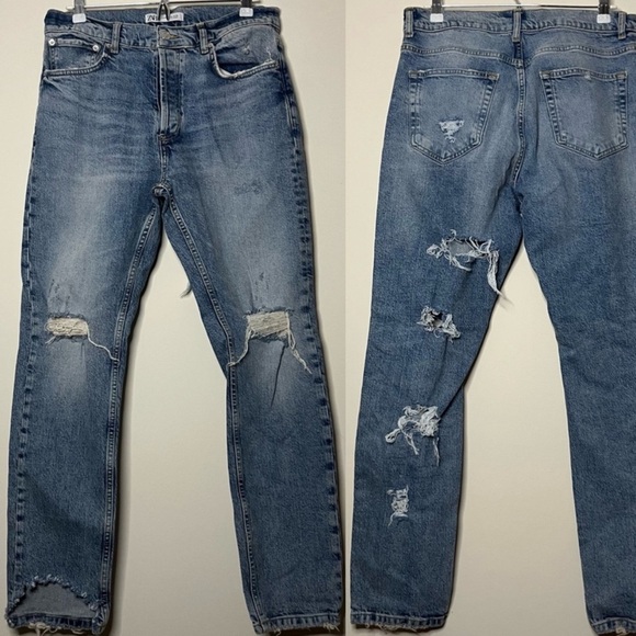 ZARA Distressed Cut Out Shredded Streetwear Fun Medium Wash Straight Leg Jeans - Picture 1 of 12
